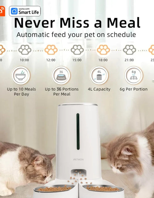 Load image into Gallery viewer, Wifi Automatic Cat Feeders for 2 Cats, 4L Cat Food Dispenser with APP Control, Double Stainless Steel Bowls, Low Food Alarms
