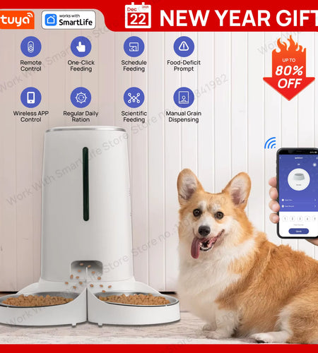 Wifi Automatic Cat Feeders for 2 Cats, 4L Cat Food Dispenser with APP Control, Double Stainless Steel Bowls, Low Food Alarms