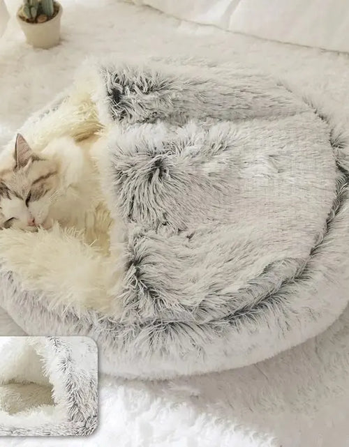 Load image into Gallery viewer, Plush Hooded Pet Bed round Fluffy Soft Cat Bed Pet Cushion Warm Cat Dog 2 in 1 Sleeping Nest Cave for Small Dogs
