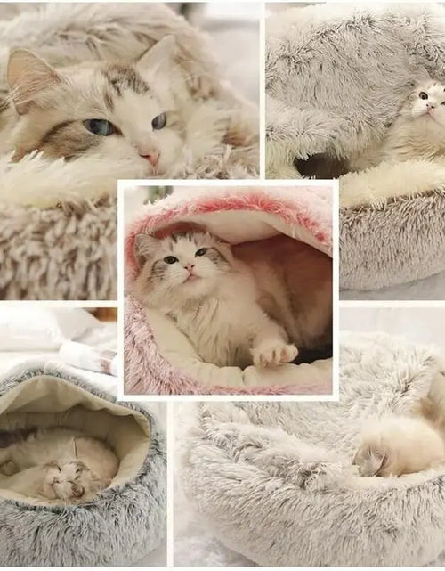 Load image into Gallery viewer, Plush Hooded Pet Bed round Fluffy Soft Cat Bed Pet Cushion Warm Cat Dog 2 in 1 Sleeping Nest Cave for Small Dogs
